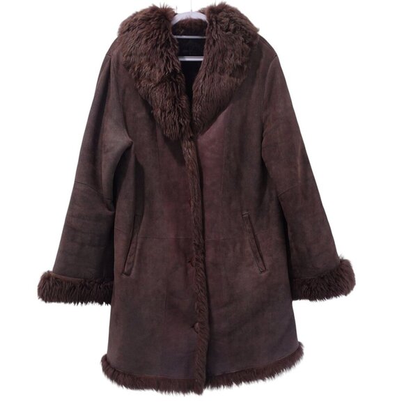VTG 80s Hide Society Penny Lane Coat Sz 10 Brown Sheepskin Shearling Trim Boho - Picture 1 of 15